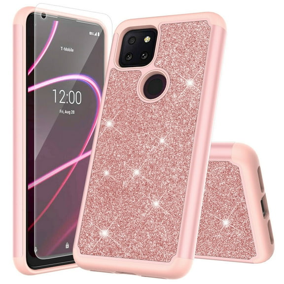 for T-Mobile Revvl 5G with Temper Glass TPU Hard Phone Case Glitter Shock proof Edge Scratch Shield Hybrid Layers Slim Bumper Cover (Rose Gold)