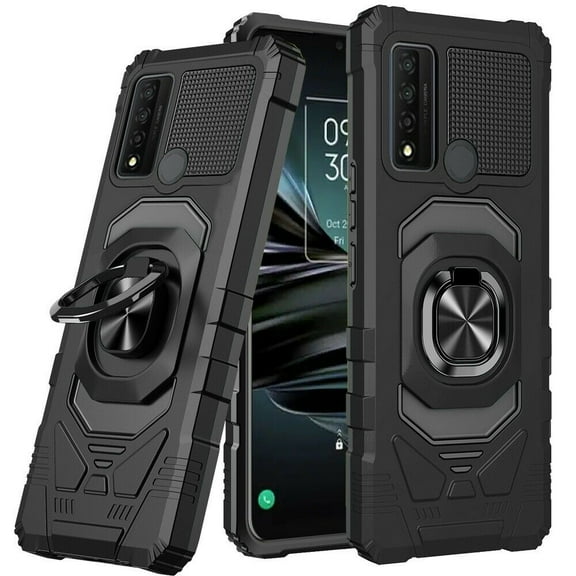 for TCL 4X 5G T601DL 20 A 5G Phone Case Ring Magnet Mount Ready Slip Guard Grids Pattern Kickstand Hybrid Slim Shock Bumper Cover with Tempered Glass