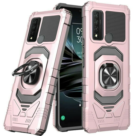 for TCL 4X 5G T601DL 20 A 5G Phone Case Ring Magnet Mount Ready Slip Guard Grids Pattern Kickstand Hybrid Slim Shock Bumper Cover with Tempered Glass