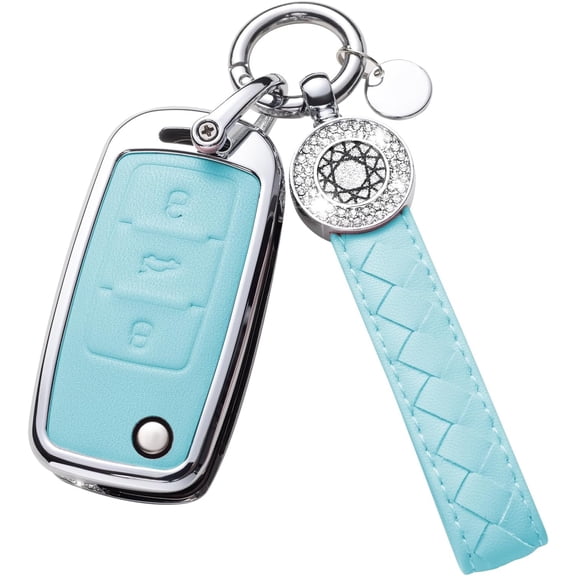 for VW Volkswagen Key Fob Cover with Keychain, Blue Leather Rhinestone Key Case Protection Shell Compatible with Golf ID4 Bling Car Accessories