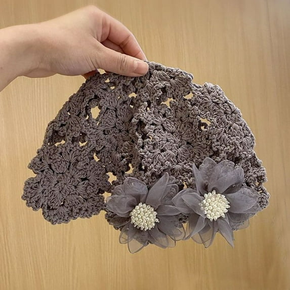 for Women Summer Flowers Lace Skullies Hat Knitted Hat Beret Cap Hollowed Out GREY