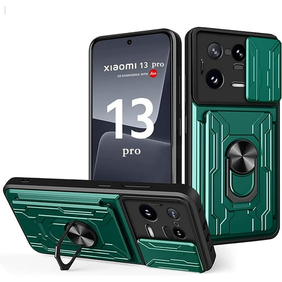 for Xiaomi 13 Pro Case with Slide Camera Cover, Heavy Duty Protective with Ring Kickstand & Card Holder Cell Phone Case for Xiaomi 13 Pro LJK Green