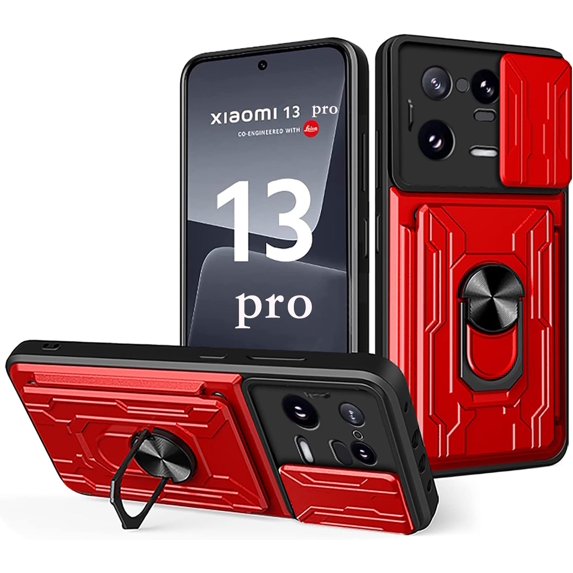 for Xiaomi 13 Pro Case with Slide Camera Cover, Heavy Duty Protective with Ring Kickstand & Card Holder Cell Phone Case for Xiaomi 13 Pro LJK Red