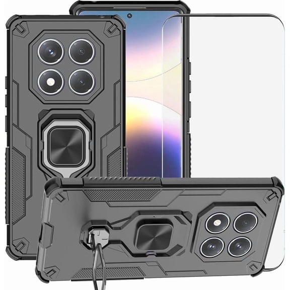 for Xiaomi Redmi Note 14 Pro 4G Case, Heavy Duty Shockproof Dual Layer Bumper Cover with Kickstand & Tempered Glass Screen Protector, Black