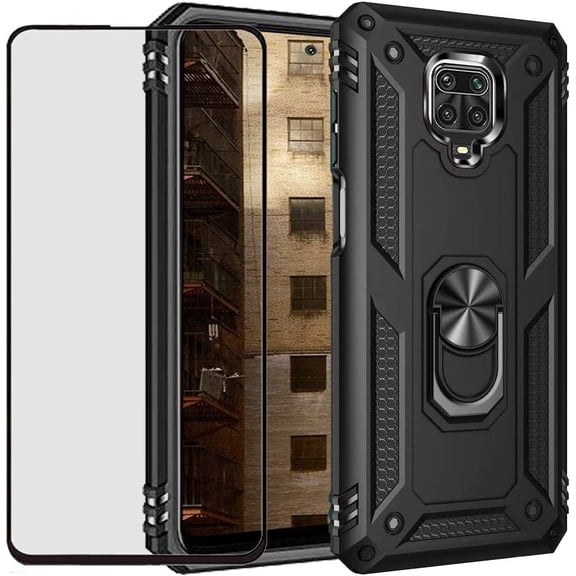 for Xiaomi Redmi Note 9S/9 Pro Case, Heavy Duty Dual Layer Shockproof Defender Cover with Tempered Glass, Kickstand, Black
