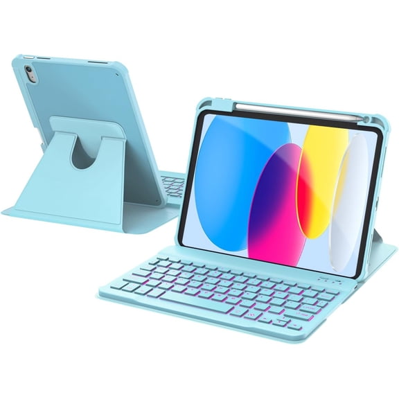 for iPad 11th/10th Generation Case with Keyboard, 360 Rotatable Case & Detachable Backlit Keyboard, Precision Cutouts and Pen Holder , Light Blue