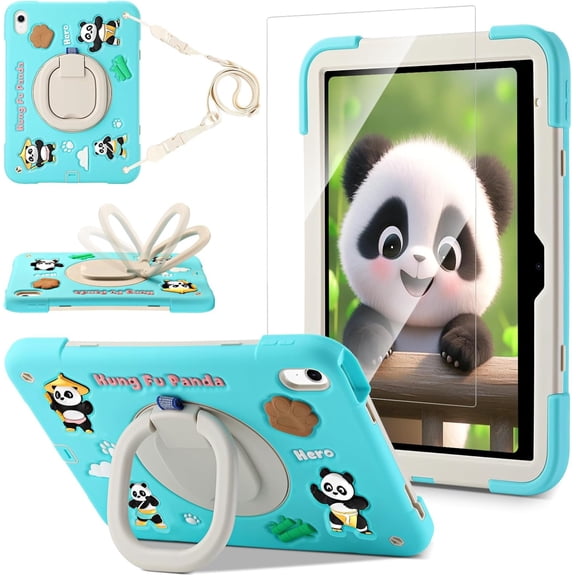 for iPad 11th Generation Case Kids, iPad 10th Generation with Screen Protector, Rugged Protective Cartoon 3D Panda Warrior Cover