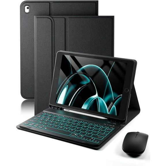 for iPad 9th / 8th / 7th Generation 10.2 inch with Keyboard 7 Color Backlit - Built in Pencil Holder with Mouse (Black)