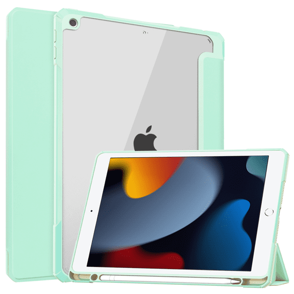 for iPad 9th/8th/7th Generation (2021/2020/2019) 10.2" - [Built-in Pen Holder] Shockproof Case with Clear Clear Back, Auto Sleep Wake, Mint Green
