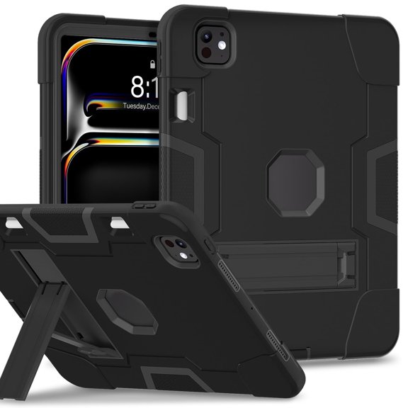 for iPad Pro 11" 2024 (5th Gen) Case, Heavy Duty Protective Tablet Cover with Stand & Pencil Slot, Hard Back Soft Edge, Black (A3006 A2836 A2837)