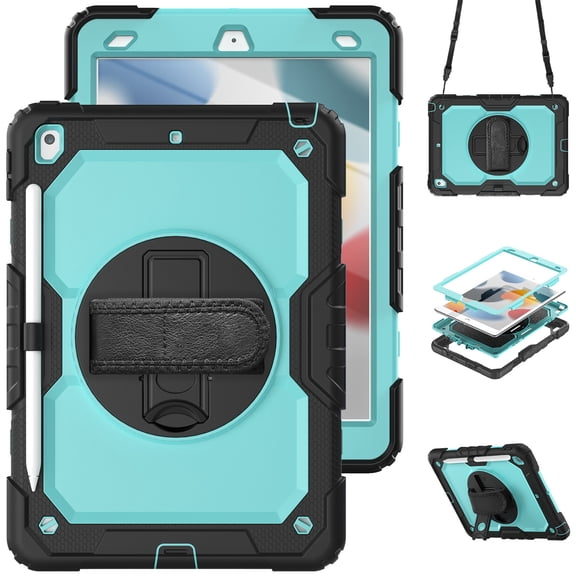 for iPad Pro 11-inch (M4) 2024 Case with Built-in Screen Protector, Shockproof Rotatable Kickstand Cover Hand Strap and Shoulder Strap,Black+Mint