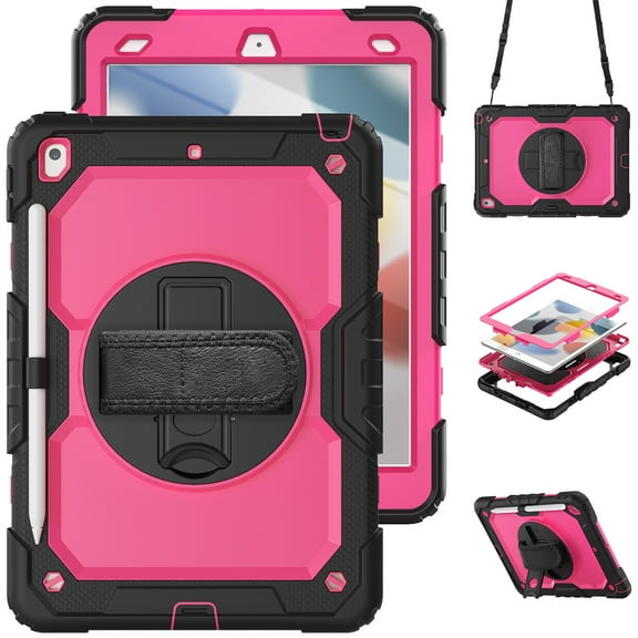 for iPad Pro 11-inch (M4) 2024 Case with Built-in Screen Protector, Shockproof Rotatable Kickstand Cover Hand Strap and Shoulder Strap,Black+Rose