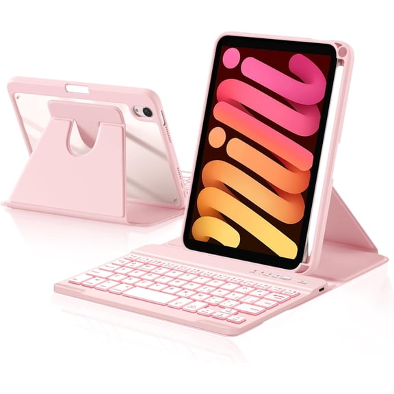 for iPad mini 7 A17 Pro/6 Generation Keyboard Case,360 Rotating Clear Back Cover with 7 Color Backlit Detachable Keyboard, Pencil Holder ,Pink
