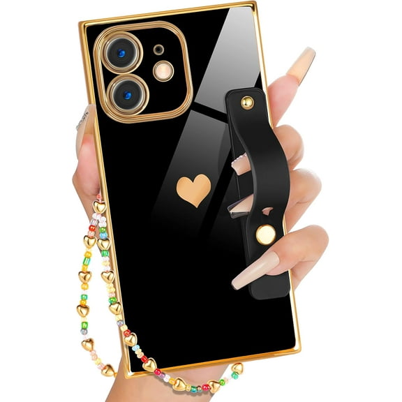 for iPhone 11  Case Loopy Stand/Strap Luxury Cute Women Girls Heart Electroplated Designer Squared Edge Phone Cases for 11, Black