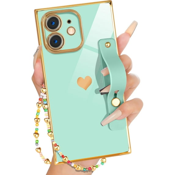 for iPhone 11 Case Loopy Stand/Strap Luxury Cute Women Girls Heart Electroplated Designer Squared Edge Phone Cases for 11, Mint Green
