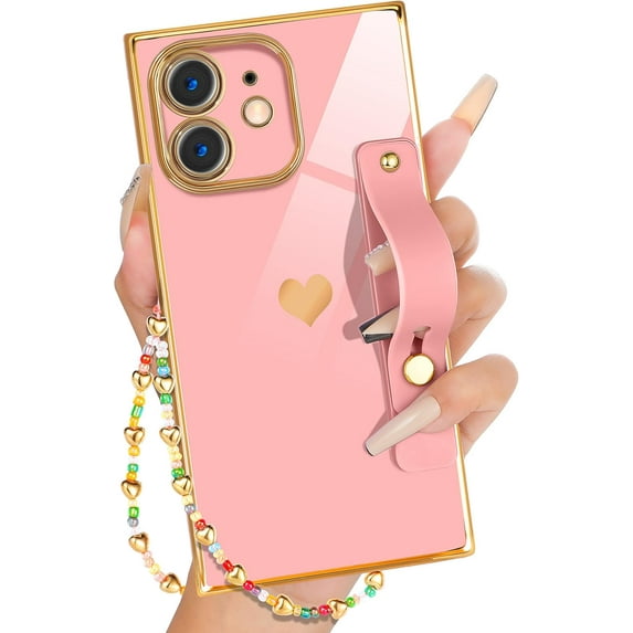 for iPhone 11 Case Loopy Stand/Strap Luxury Cute Women Girls Heart Electroplated Designer Squared Edge Phone Cases for 11