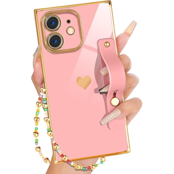 for iPhone 11 Case Loopy Stand/Strap Luxury Cute Women Girls Heart Electroplated Designer Squared Edge Phone Cases for 11