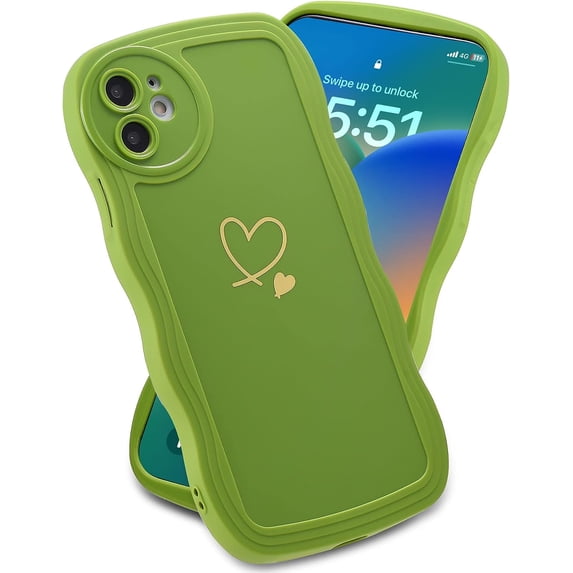 for iPhone 11 Case, Wave Frame Love Heart Soft Cute iPhone 11 Phone Case, Green