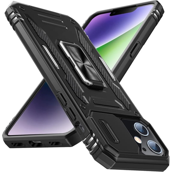 for iPhone 11 Case with Kickstand with Camera Cover,Military-Grade Protection,Metal Ring Kickstand,Bumper Case for iPhone 11 Case,Black 5-IP11-01