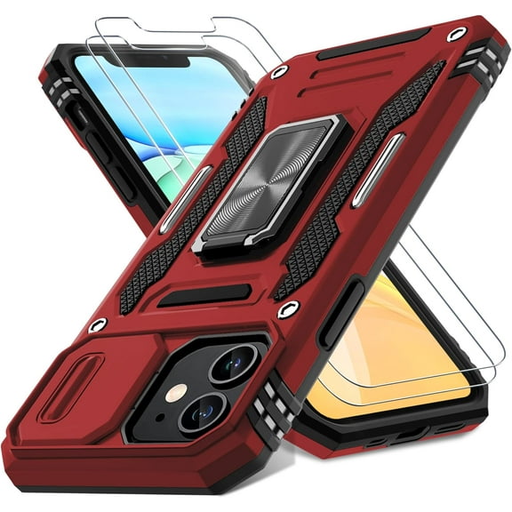 for iPhone 11 Case with Slide Camera Cover+Screen Protector(2 Packs),Rotated Ring Kickstand Military Grade Shockproof Protective Cover-Red