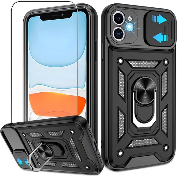 for iPhone 11 Phone Case, Heavy Duty Shockproof with 360° Rotation Metal Kickstand [Military Grade] Protective Case for iPhone 11, Black