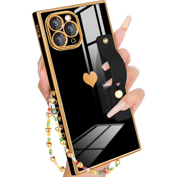 for iPhone 11 Pro Case with Loopy Stand/Strap, Luxury Cute Women Girls Heart Electroplated Designer Squared Edge Phone Cases for 11 Pro, Black
