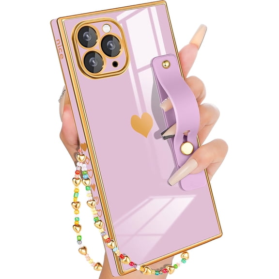 for iPhone 11 Pro Case with Loopy Stand/Strap, Luxury Cute Women Girls Heart Electroplated Designer Squared Edge Phone Cases for 11 Pro, Purple