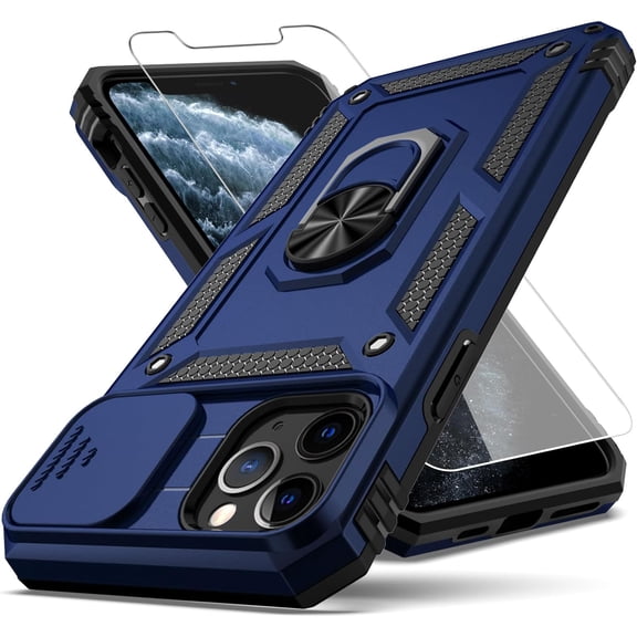 for iPhone 11 Pro Max Case with Slide Camera Cover+ HD Screen Protector,Rotated Ring Kickstand Military Grade Shockproof Protective Cover-Blue