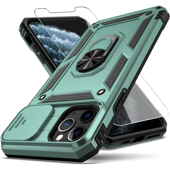 for iPhone 11 Pro Max Case with Slide Camera Cover+ HD Screen Protector,Rotated Ring Kickstand Military Grade Shockproof Protective Cover-Green