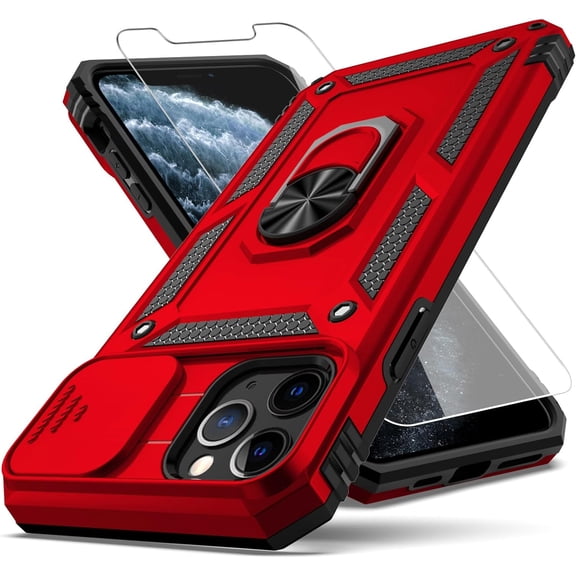 for iPhone 11 Pro Max Case with Slide Camera Cover+ HD Screen Protector,Rotated Ring Kickstand Military Grade Shockproof Protective Cover-Red