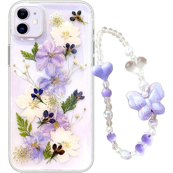 for iPhone 11 pro Purple Flowers case Protective Clear Soft TPU Flexible Rubber Pressed Dry Real Flowers Case Blue White Flower