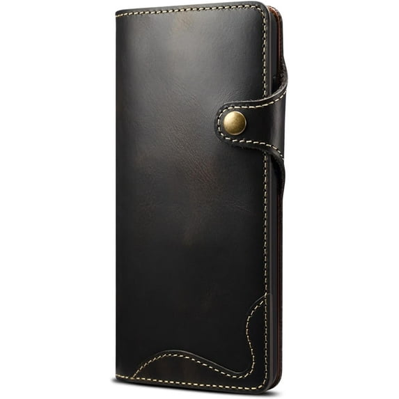 for iPhone 12 11 Pro Max Mini, Luxury Cowhide Leather Flip Cover Phone case, Card Slots Wallet Hand Strap Full-Body Shockproof Bumper(Black,11)