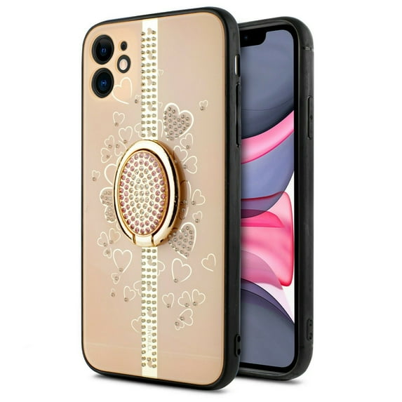 for iPhone 12 / 12 Pro 6.1 inch Ring Cute Glitter Phone Case Slip Guard Grids Pattern Kickstand Hybrid Slim Shock Bumper Cover
