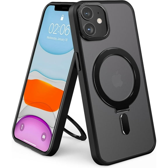 for iPhone 12 & 12 Pro Phone Case with Ring Stand, iPhone 12 & 12 Pro Case 6.1" Compatible with Magsafe for Men Women, Black
