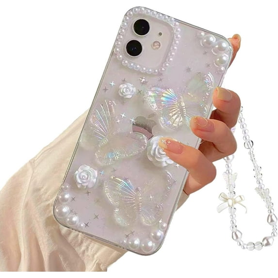 for iPhone 12 3D Butterfly with Rose Female Girl Sparkling Pretty Crystal Cute Girl Phone case Protector case + Pearl Chain Transparent