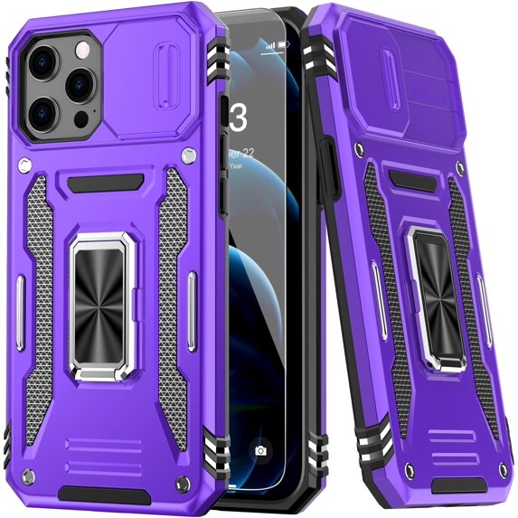 for iPhone 12 Case/iPhone 12 Pro Case with Screen Protector,Sliding Camera Cover,-Grade Cover with Stand Phone Case 6.1" Purple