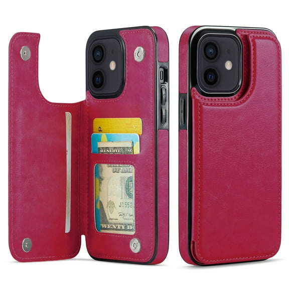 for iPhone 12 Mini Wallet Case with Card Holder, PU Faux Leather Kickstand Card Slots Case, Double Magnetic Clasp and Durable Shockproof Cover