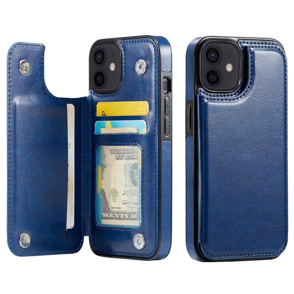 for iPhone 12 Mini Wallet Case with Card Holder, PU Faux Leather Kickstand Card Slots Case, Double Magnetic Clasp and Durable Shockproof Cover