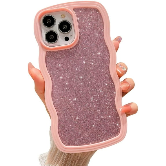 for iPhone 12 Pro Max Case Bling Glitter Curly Wave Frame Shape Soft TPU Shockproof Cute Phone Case for iPhone 12 Pro Max 6.7 Inch Women Girl Pink