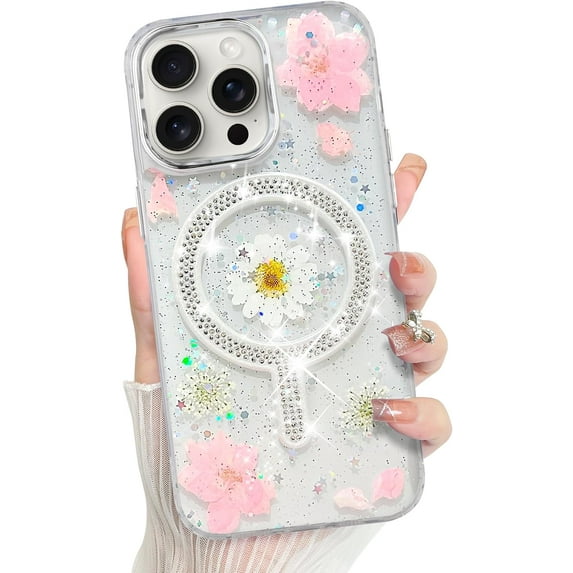 for iPhone 12 Pro Max Case, Pink Floral Flowers Pattern Diamond Magnetic Support for MagSafe Shockproof Case, Crystal and Clear Phone Case