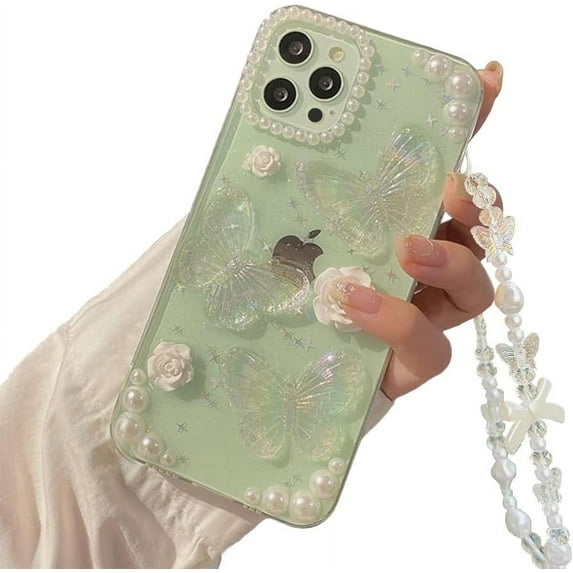 for iPhone 12 Pro Max Case with Phone Charm Chain 3D Butterfly Flower Cute Phone Case,Crystal Clear Pearl Case for iPhone 12 Pro Max Women Girl