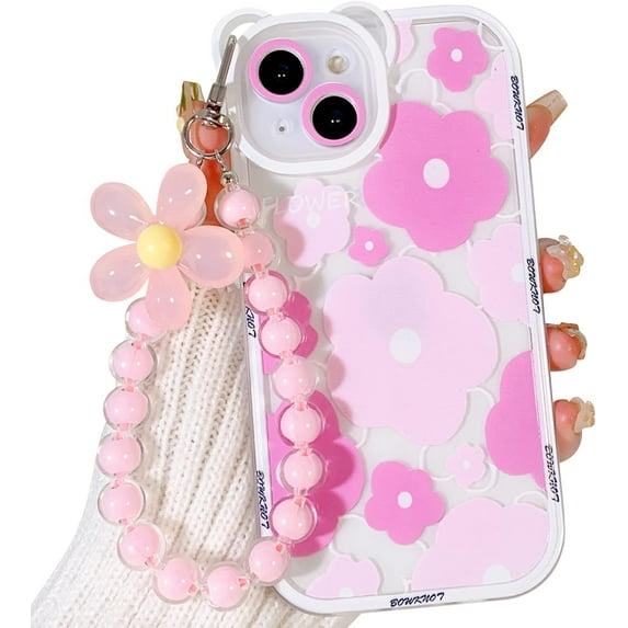 for iPhone 12 pro Case Clear Pink Floral Bear Camera Lens Case with Lovely Flower Bracelet Chain for Women,Shockproof Cover-Pink