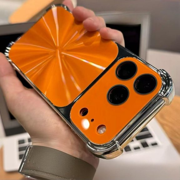 for iPhone 13 14 15 16 17 Pro Max Air Glass Window Case Shockproof Bumper Plating Protective Cover(for iPhone 14 Pro/Orange)