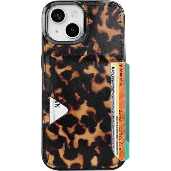 for iPhone 13 14 15 Case with Card Holder- Slim Leather Wallet Credit Holder Drop Protective Hidden Slot Cover Woman Man (Tortoise Shell, 15/14/13)