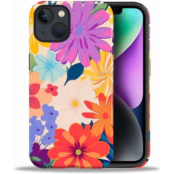 for iPhone 13/14 Case, Hybrid 2-Layer Hard Shell, Military-Grade Protection, All-Around Shockproof, Silicone Protective Phone Case - Hippie Flower