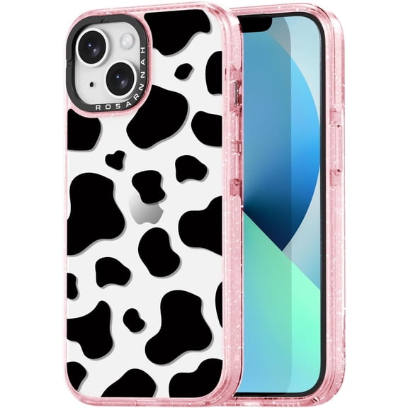 for iPhone 13 Case Cute - Durable Shockproof 6.6 ft Drop Impact Phone Case - Funny Milk Cow Print Design (6.1") Glitter Pink