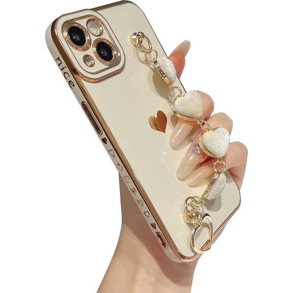 for iPhone 13 Case,Cute Plating Love Heart Wrist Strap Chain Bracelet Phone Case (White)