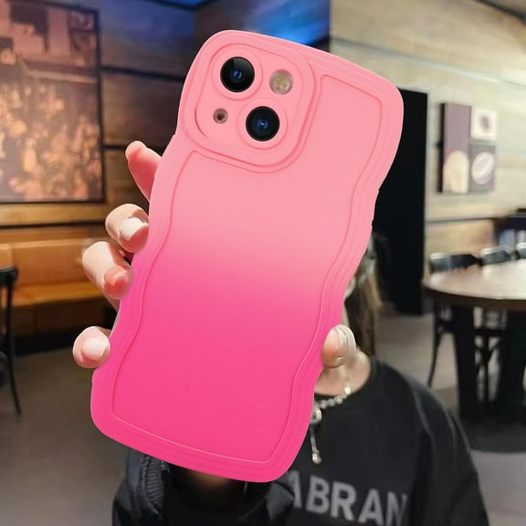 for iPhone 13 Case Gradient Silicone Case with Wireless Charger, Wave Edge Soft Back Cover with Screen Protector Cover for Girls Women -Pink