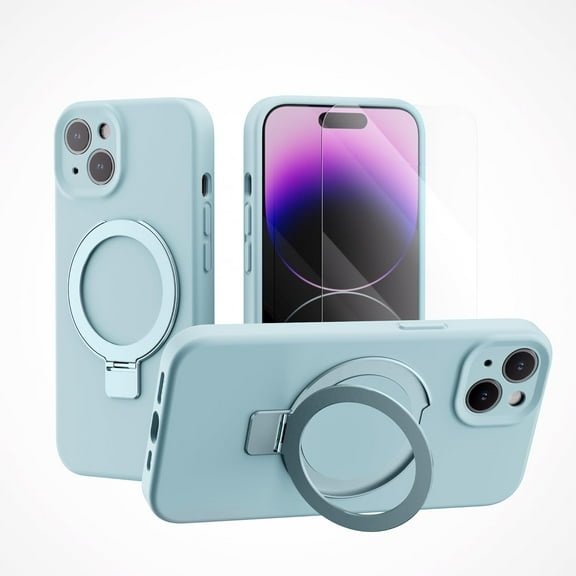 for iPhone 13 Case Liquid Silicone Magsafe  Stand with Screen Protector Full Protection Slim Shockproof Protective Case Cover 6.1 Inch - Teal