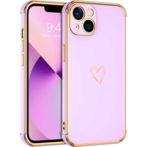 for iPhone 13 Case Luxury Cute Gold Heart for Women Girls, Full Camera Protector Shockproof Protective Corner Cover for iPhone 13 -Purple